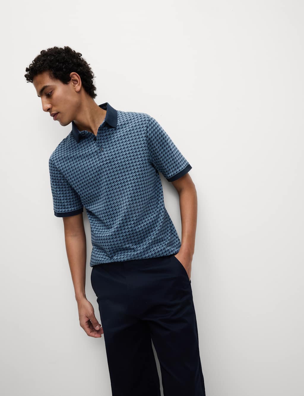 Pure Cotton Houndstooth Print Polo Shirt