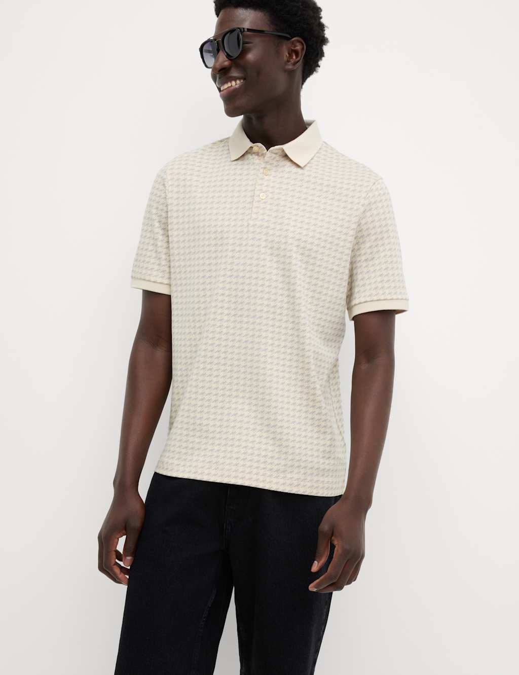 Pure Cotton Houndstooth Print Polo Shirt
