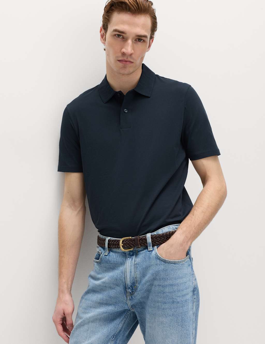 M&S Men's Pure Cotton Jersey Polo Shirt - S - Navy