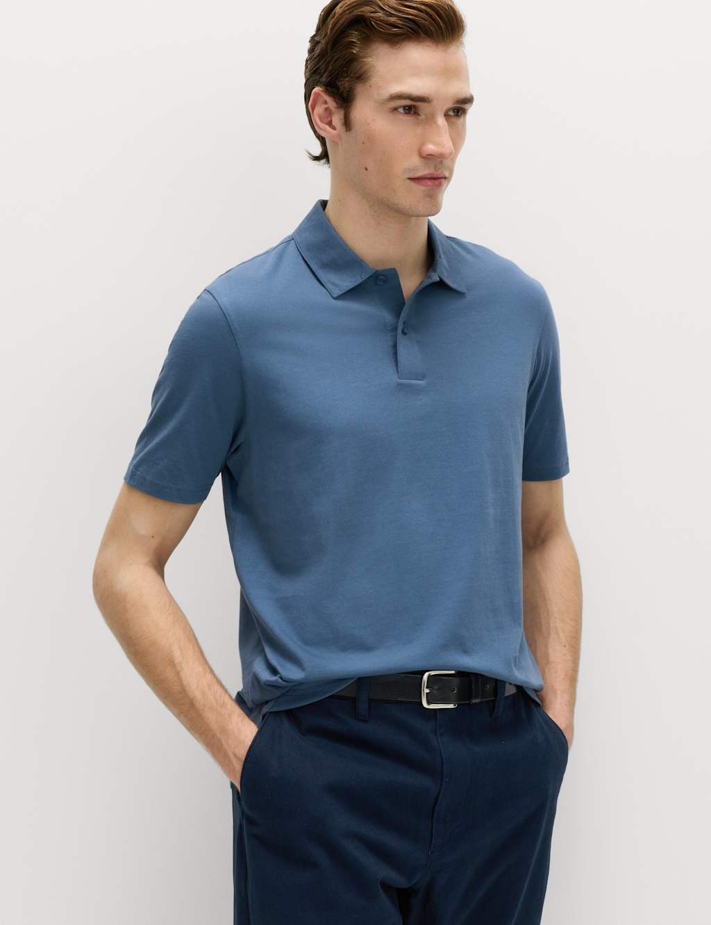 M&S Men's Pure Cotton Jersey Polo Shirt - L - Chambray