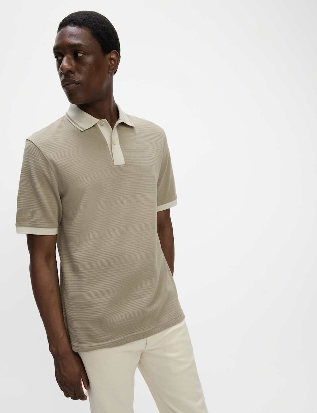 M&S Pure Cotton Textured Tipped Polo Shirt Mushroom