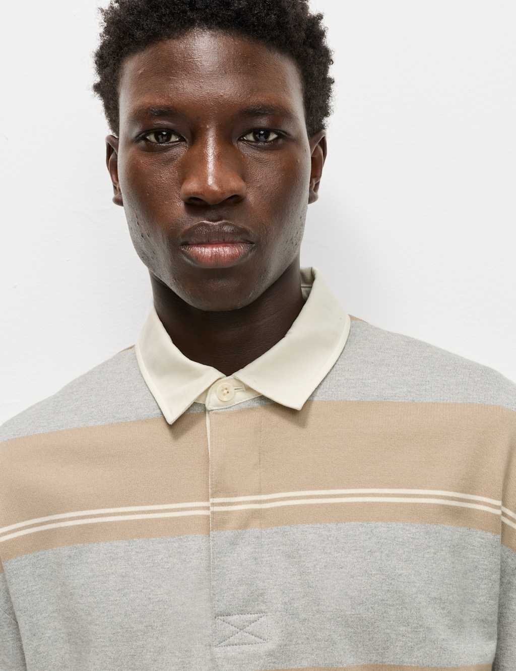 M&S Pure Cotton Striped Rugby Shirt Grey Marl