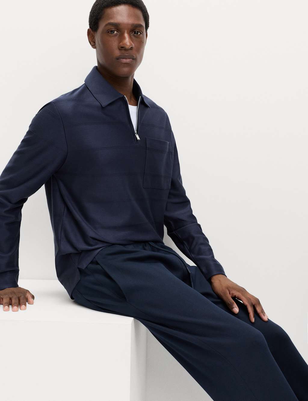 M&S Pure Cotton Textured Half Zip Sweatshirt Navy