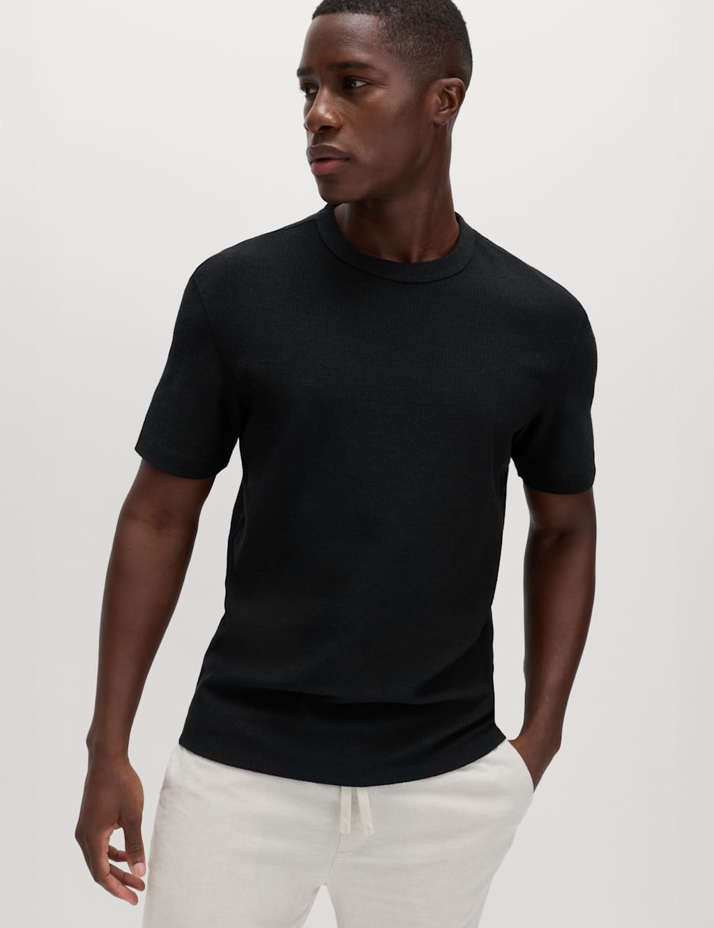 M&S Men's Relaxed Fit Cotton Blend Textured T-Shirt - XL - Black