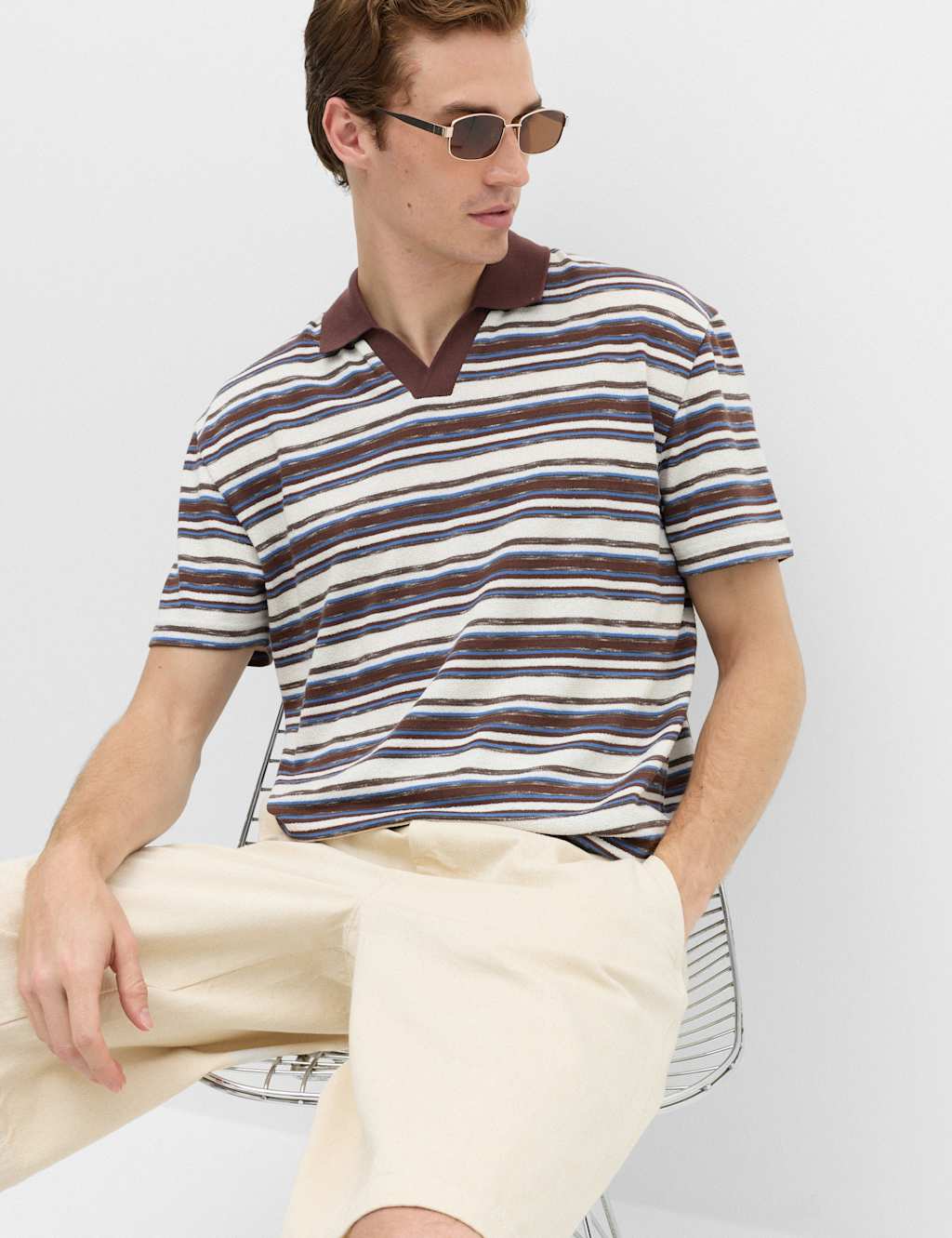 M&S Men's Cotton Blend Crepe Notch Neck Polo Shirt - M - Dark Brown Mix