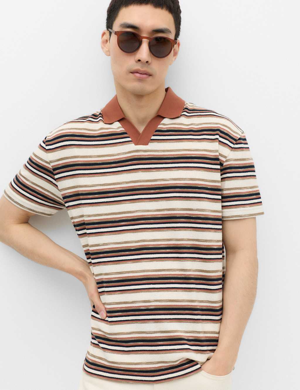 M&S Men's Cotton Blend Crepe Notch Neck Polo Shirt - XL - Rust Mix