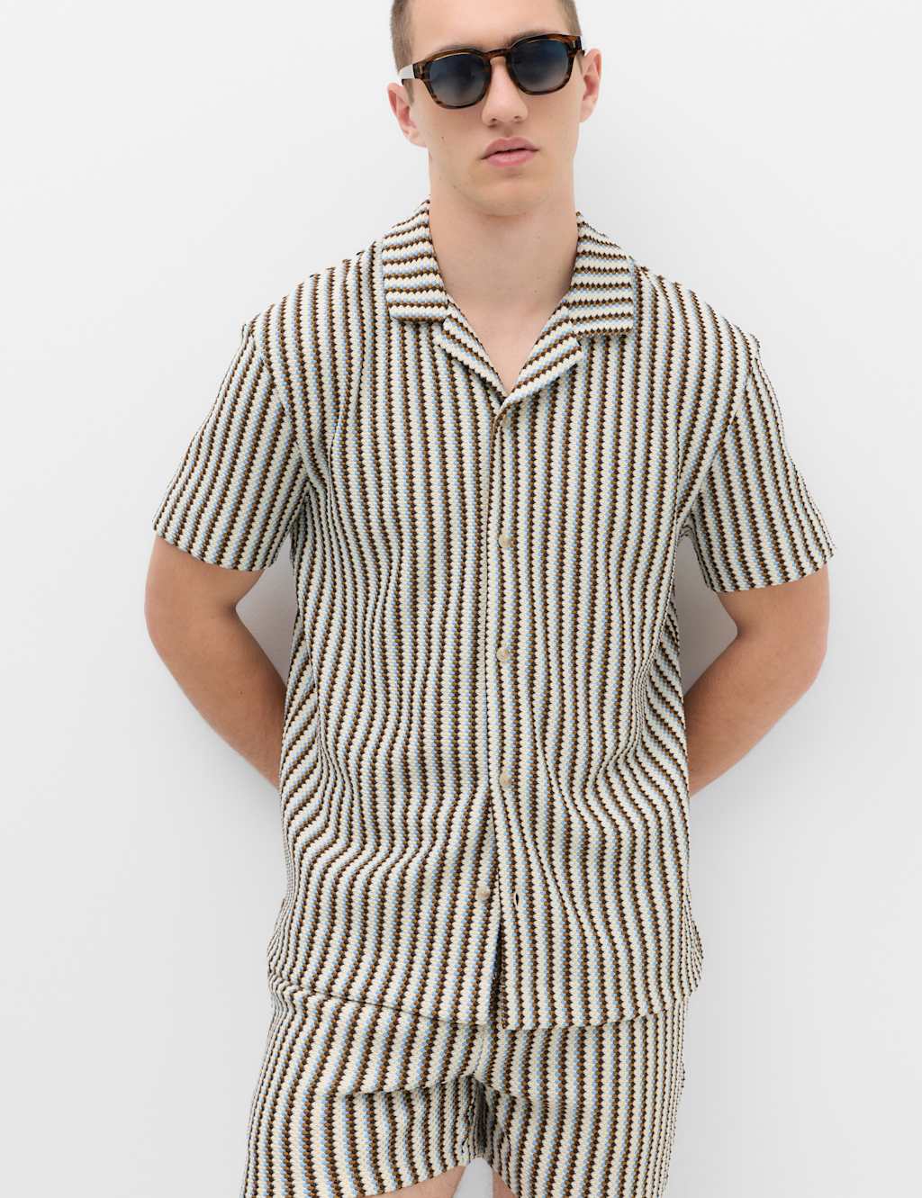 M&S Men's Cotton Blend Textured Striped Short Sleeve Shirt - L - Ecru Mix