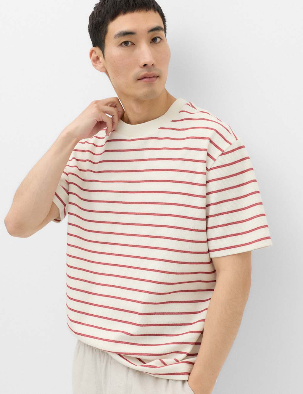 M&S Men's Cotton Rich Textured Breton T-Shirt - M - Medium Red
