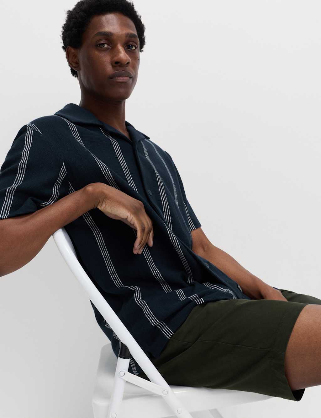 M&S Pure Cotton Striped Revere Polo Shirt Navy