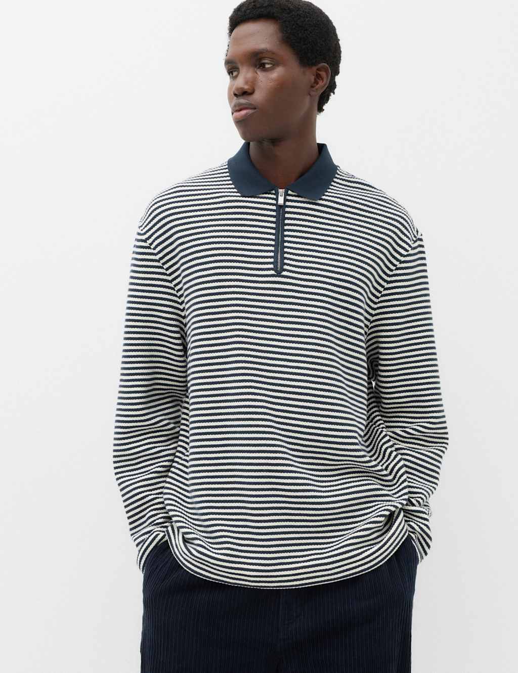 M&S Men's Pure Cotton Half Zip Striped Polo Shirt - 2XL - Navy