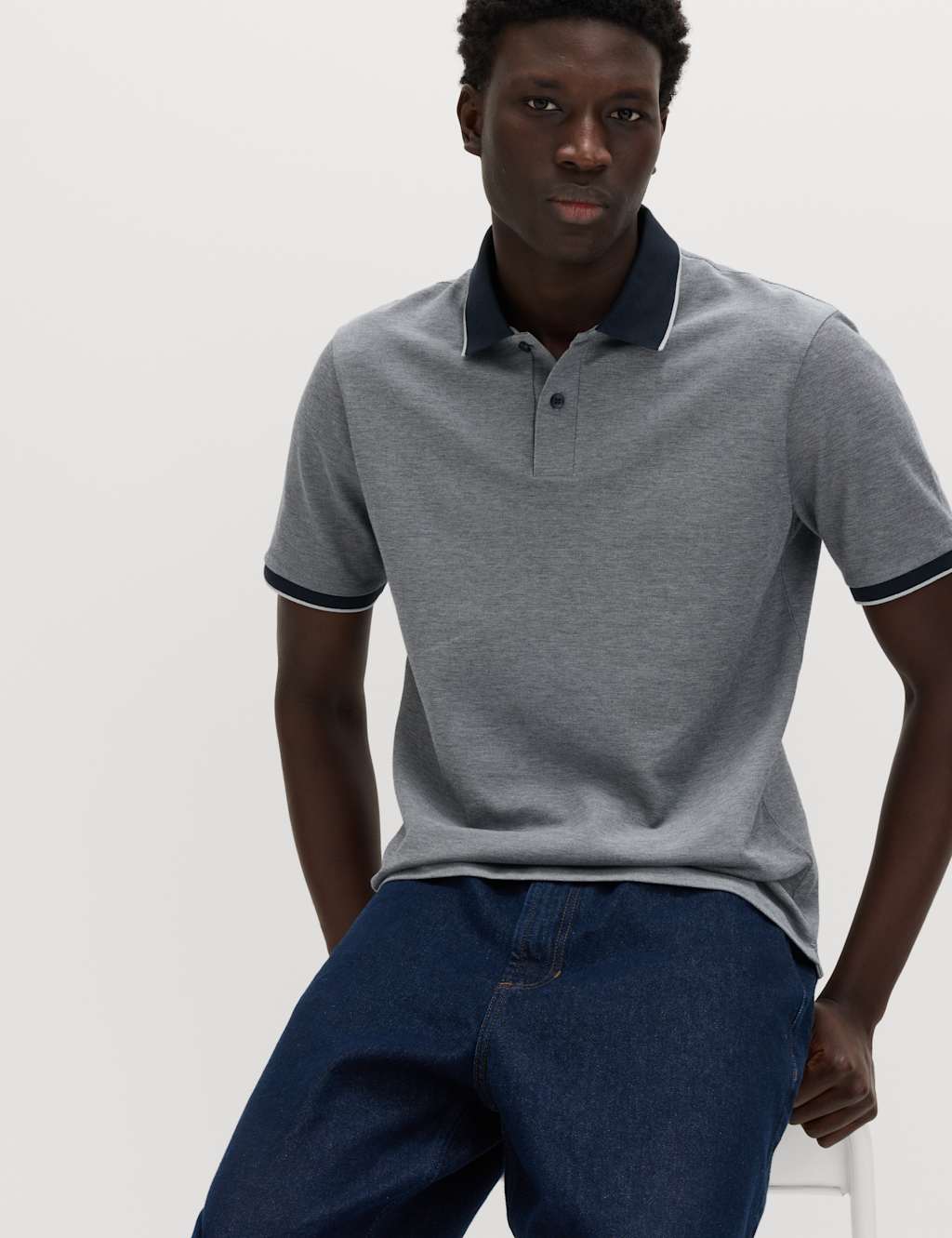 M&S Men's Ultimate Tipped Pique Polo Shirt - 3XL - Navy Marl