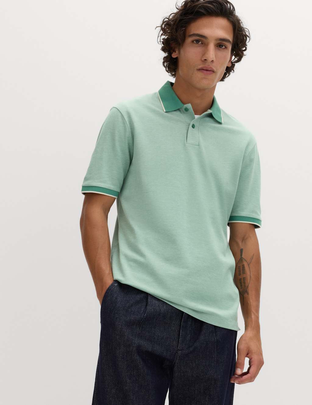 M&S Men's Ultimate Tipped Pique Polo Shirt - 3XL - Dark Green Mix