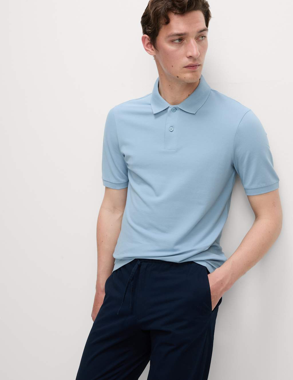 M&S Slim Fit Cotton Rich Pique Polo Shirt Light Airforce