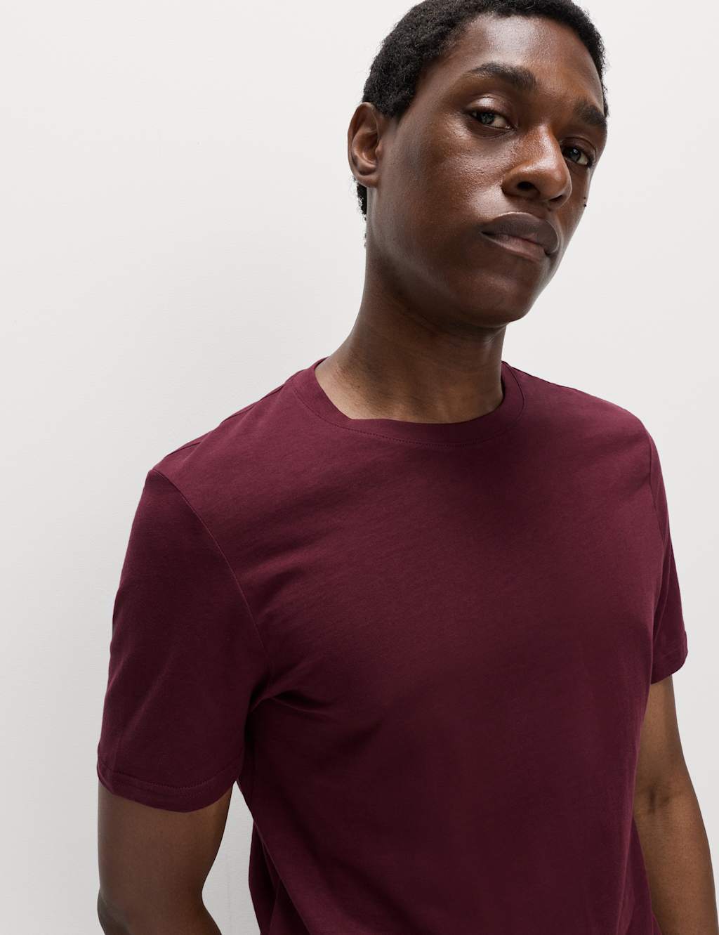 M&S Regular Fit Pure Cotton Crew Neck T-Shirt Burgundy