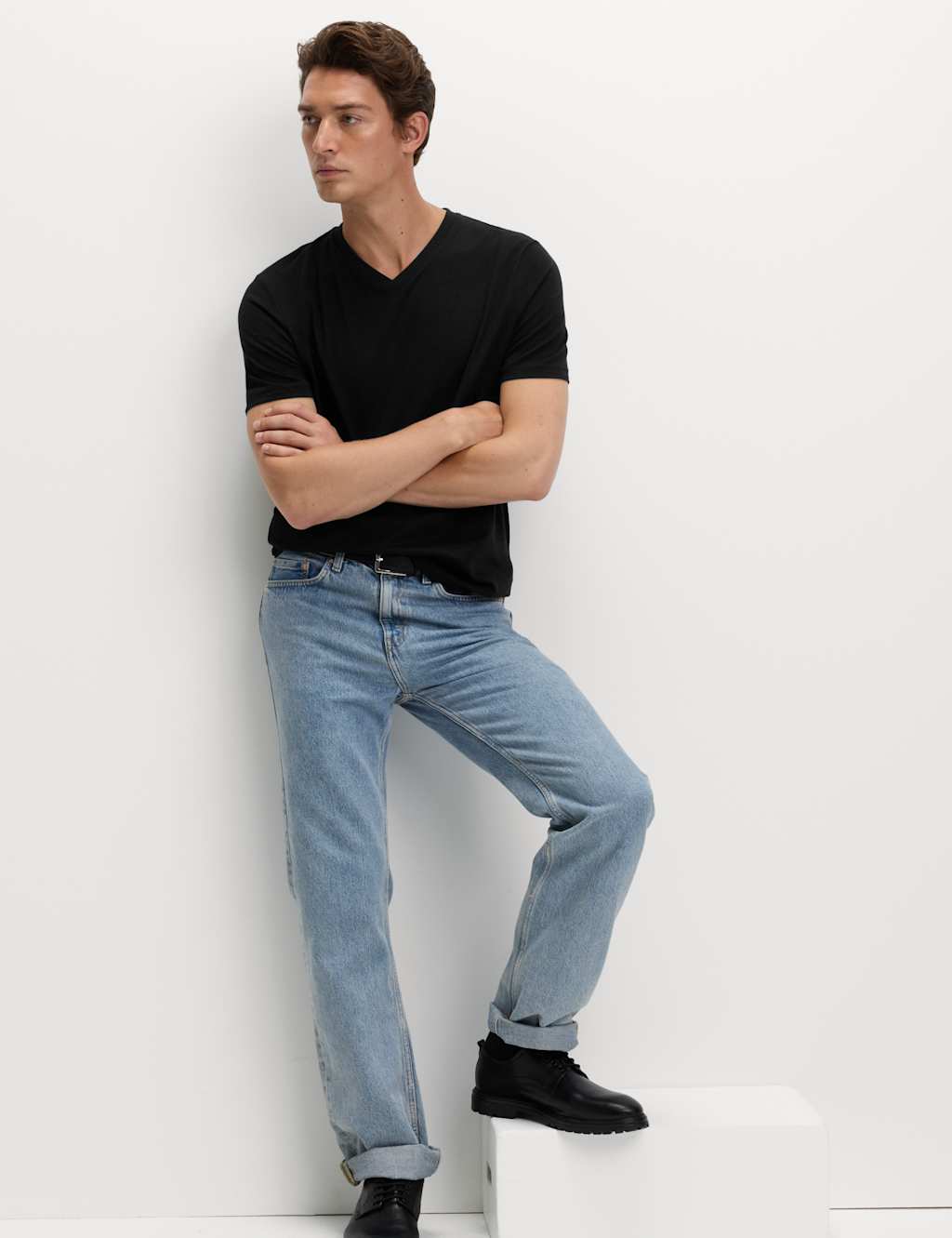 M&S Pure Cotton V Neck T-Shirt Black