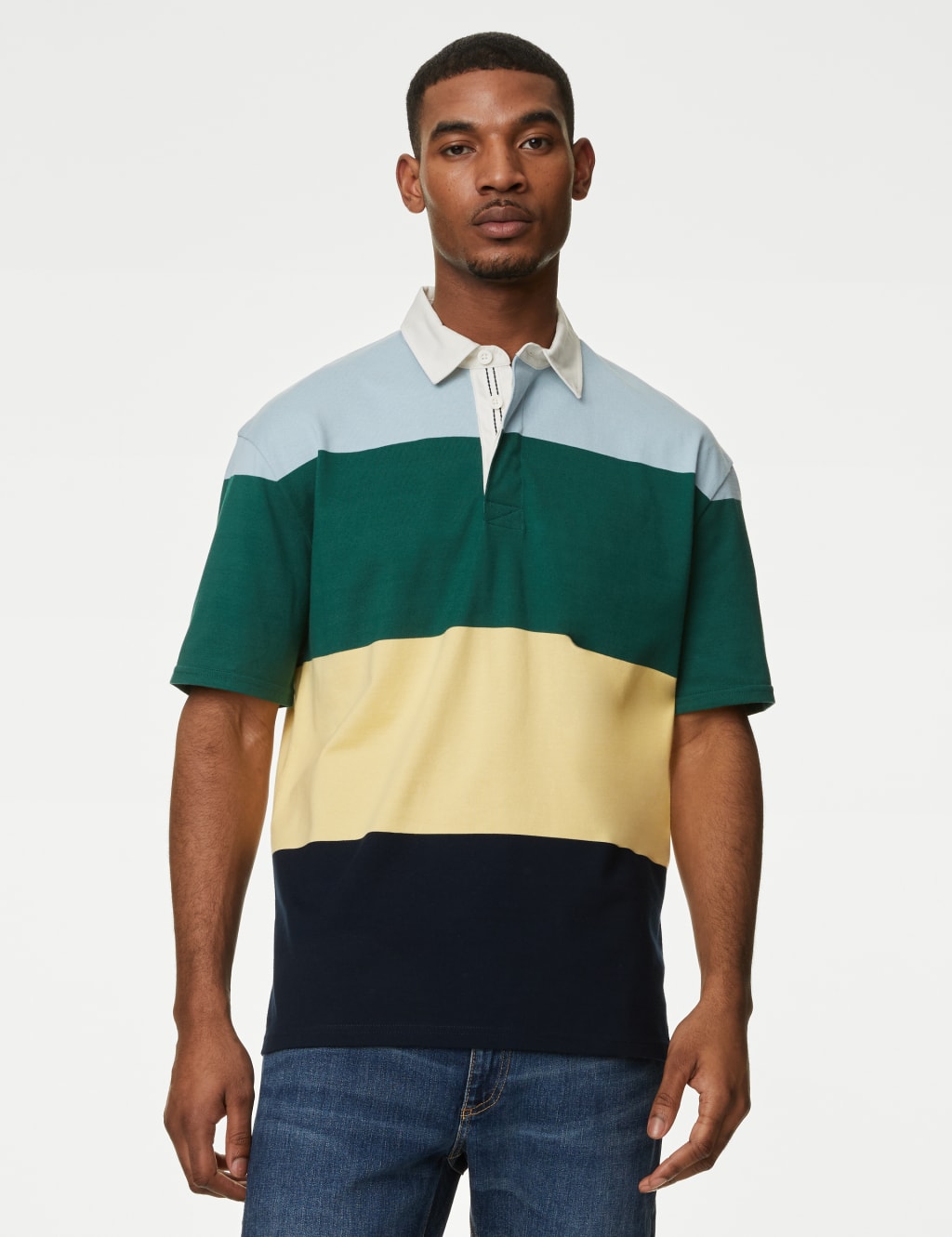 M&S Oversized Pure Cotton Short Sleeve Rugby Shirt Green Mix