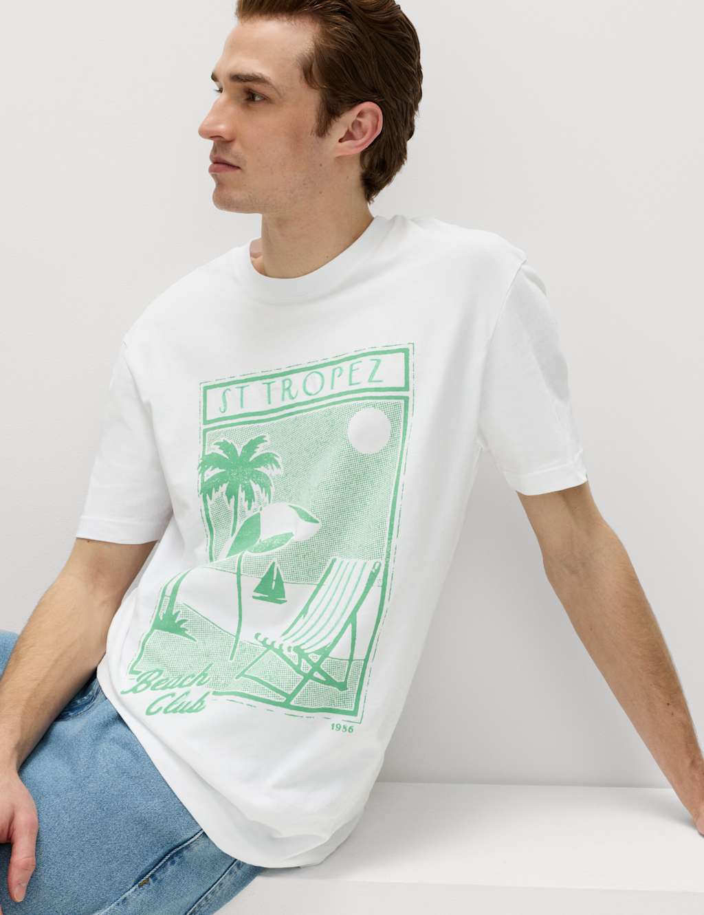 M&S Men's Pure Cotton St Tropez Graphic T-Shirt - XL - White