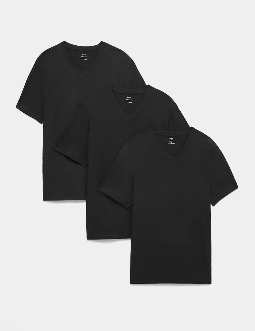 M&S Men's 3 Pack Pure Cotton V-Neck T-Shirts - L - Black