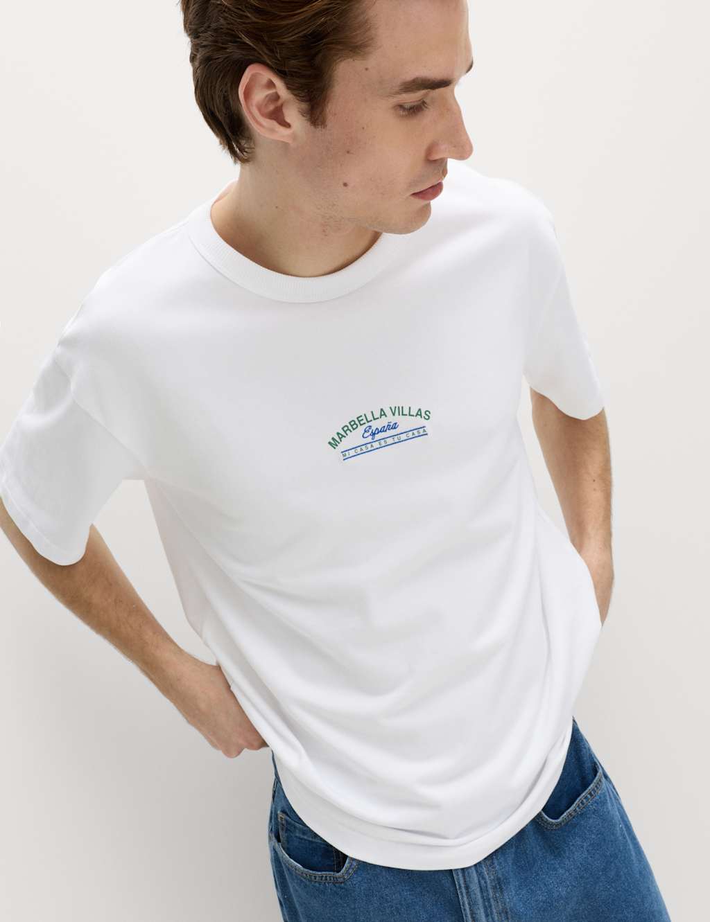 M&S Men's Pure Cotton Marbella Villas Graphic T-Shirt - XL - White