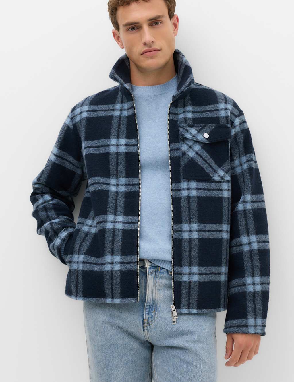 M&S Men's Wool Blend Fleece Check Overshirt - M - Navy