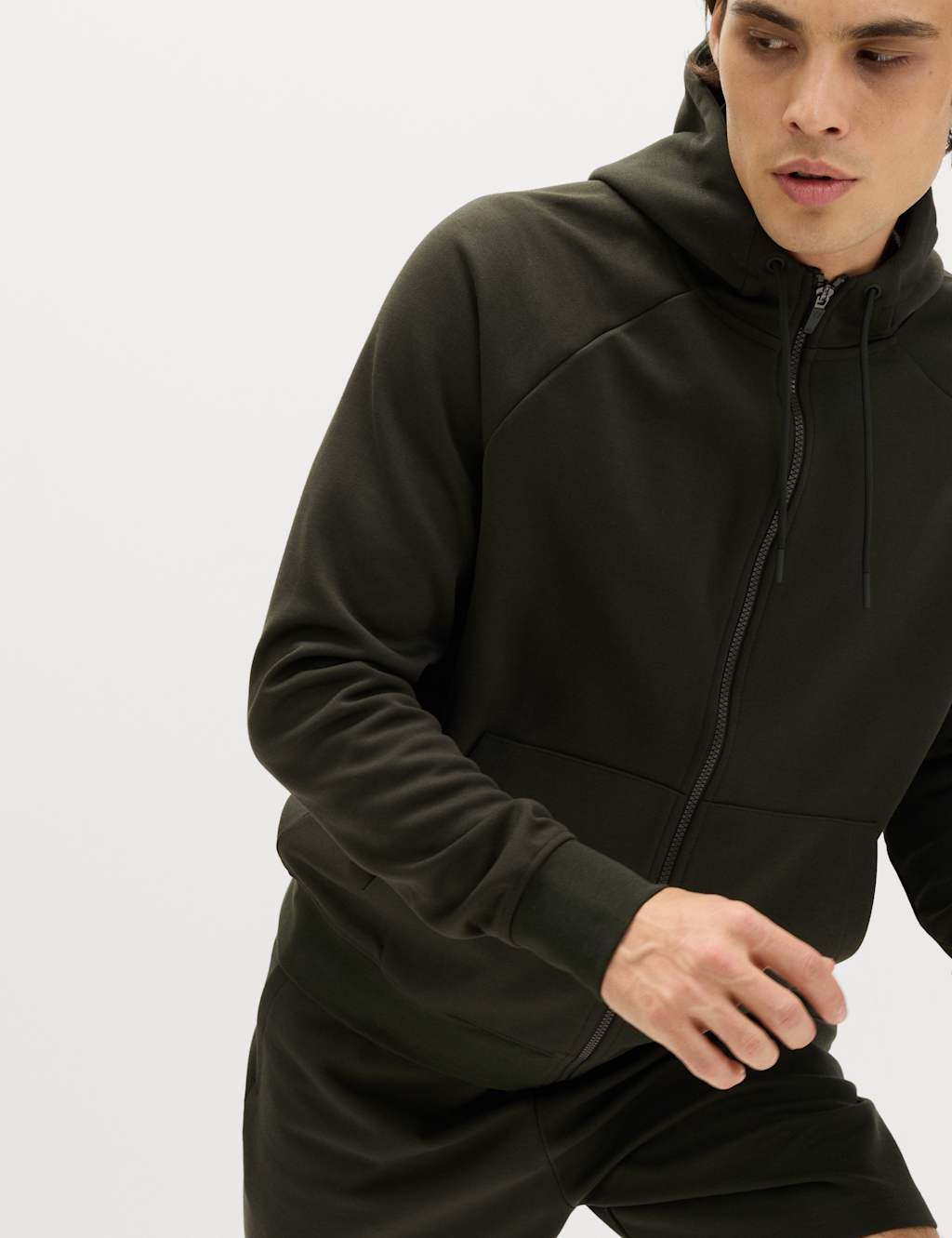 Goodmove Men's Performance Jersey Zip through Hooded Jacket - L - Dark Khaki