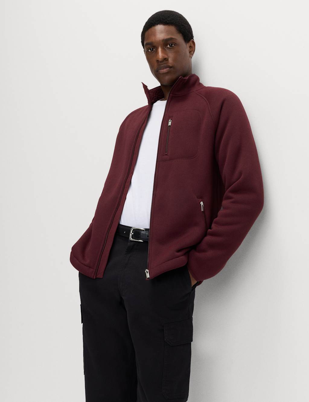 M&S Zip Up Funnel Neck Fleece Dark Burgundy