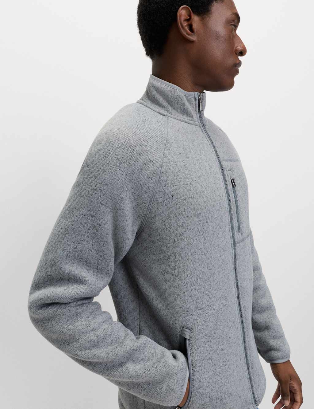 M&S Zip Up Funnel Neck Fleece Grey Marl