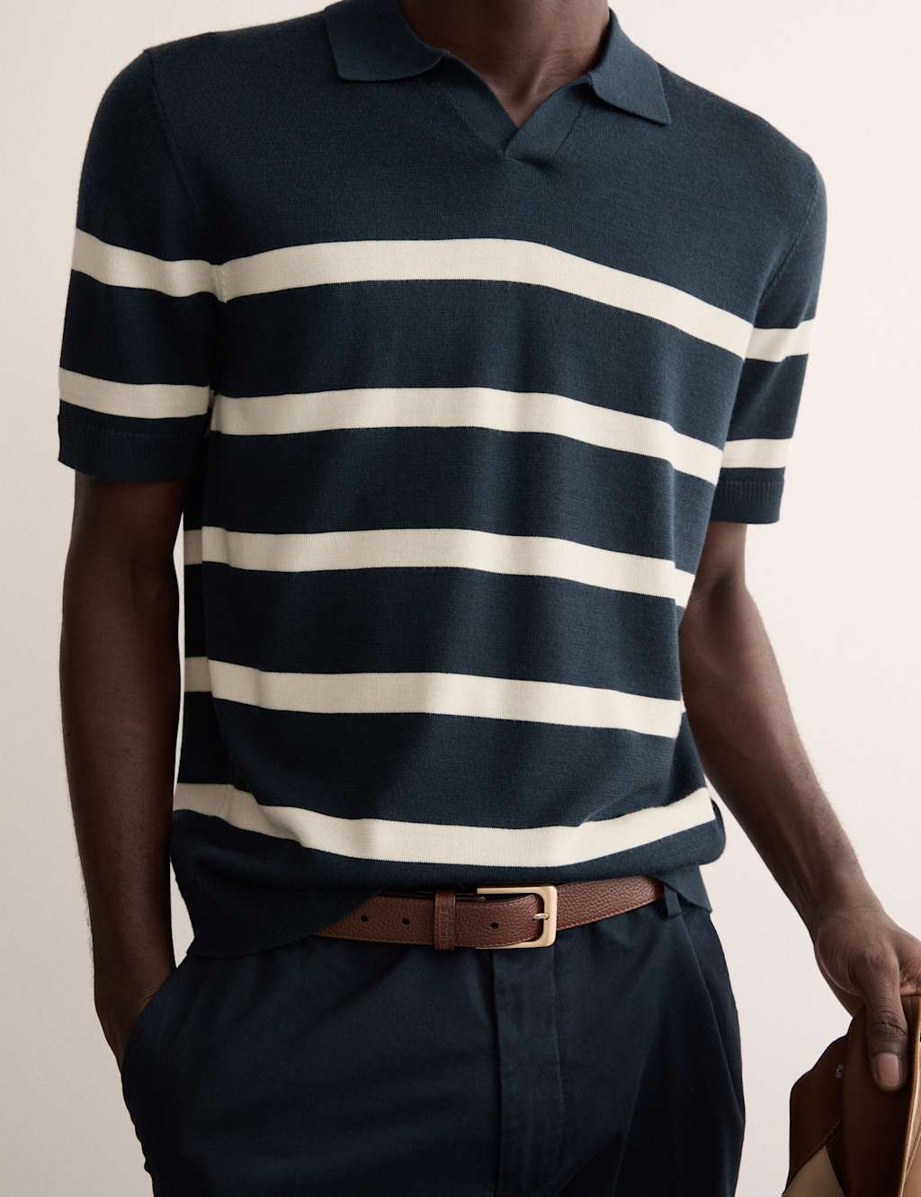 Merino Wool with Silk Striped Knitted Polo Shirt