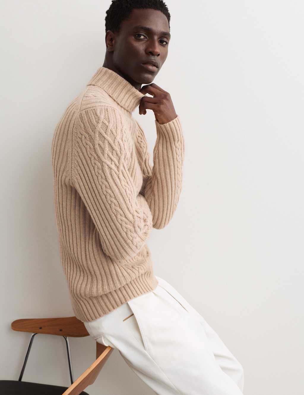 JAEGER Pure Lambswool Cable Roll Neck Jumper Neutral