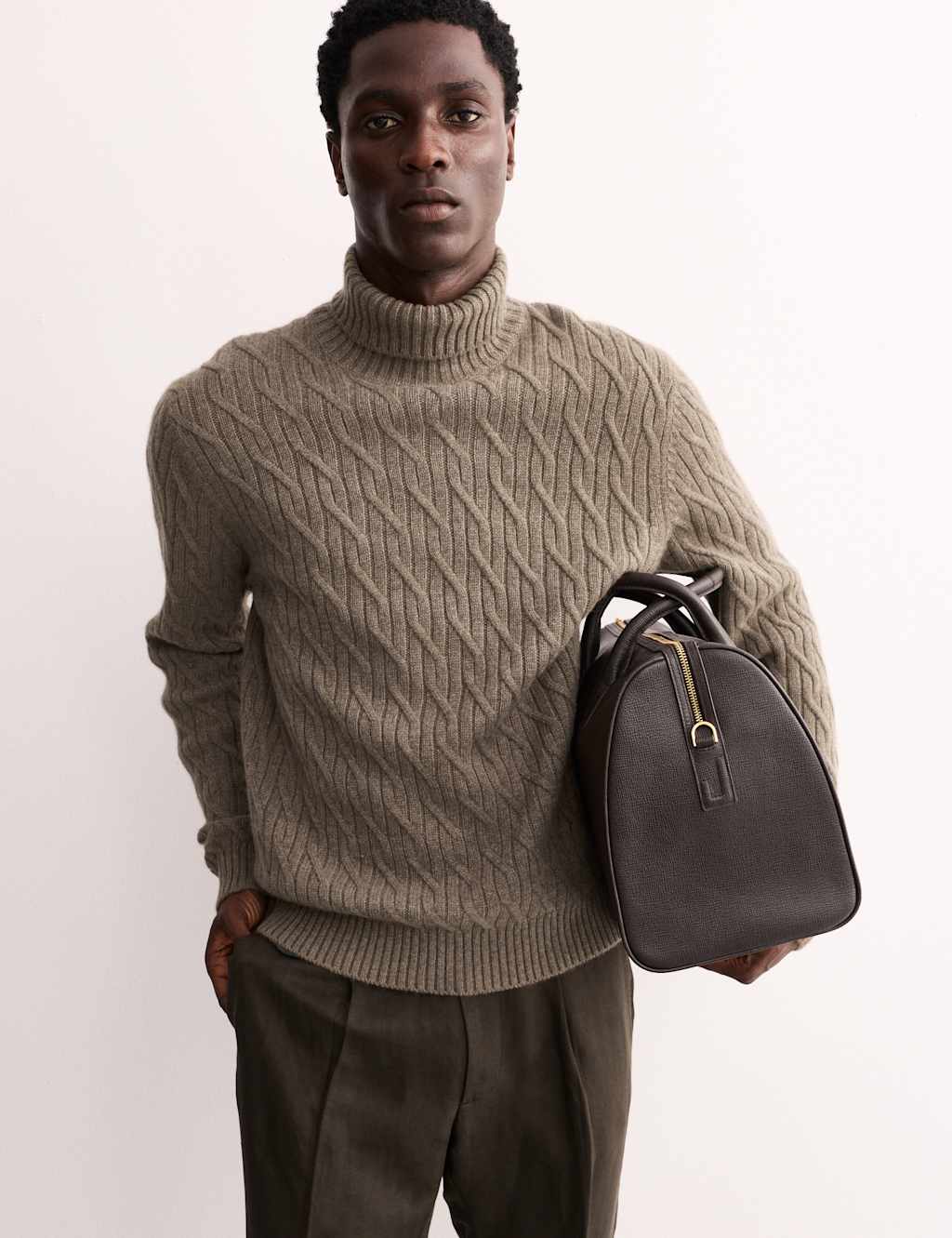 JAEGER Pure Cashmere Diagonal Roll Neck Jumper Medium Brown