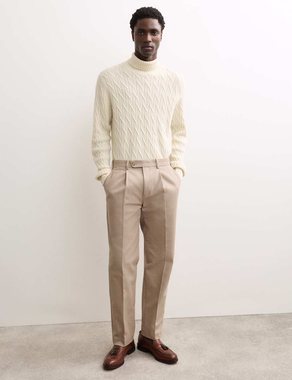 JAEGER Pure Cashmere Diagonal Roll Neck Jumper Ecru