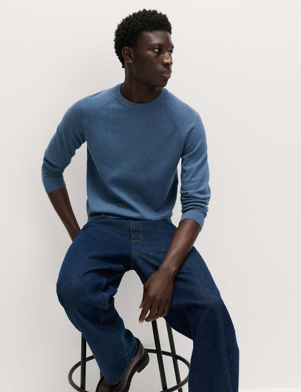 M&S Men's Pure Cotton Crew Neck Jumper - XS - Light Denim