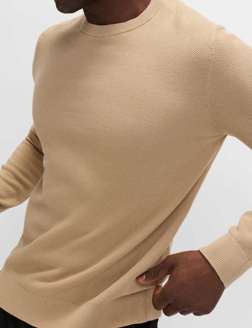M&S Men's Pure Cotton Textured Crew Neck Jumper - S - Sand