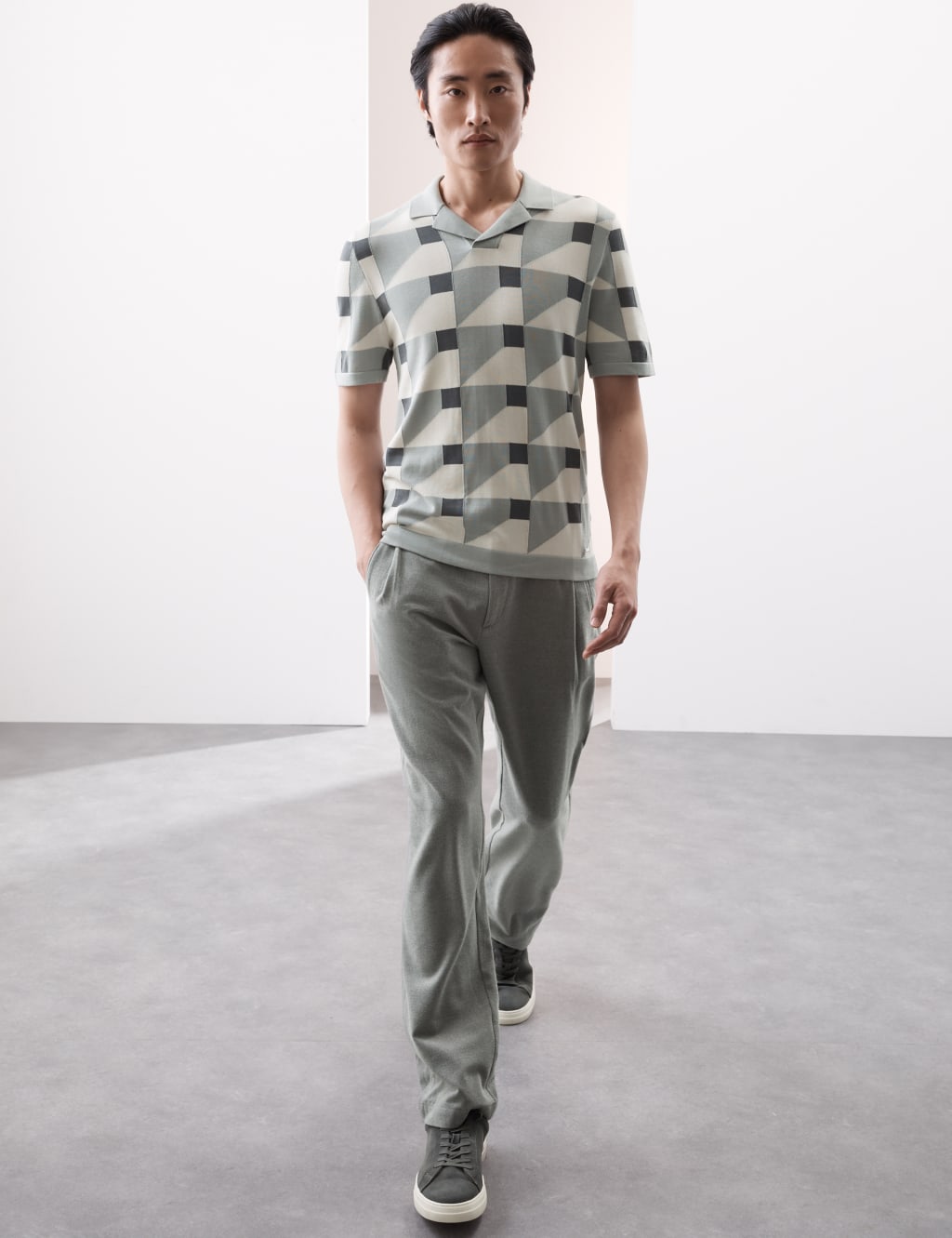 Pure Cotton Geometric Knitted Polo Shirt