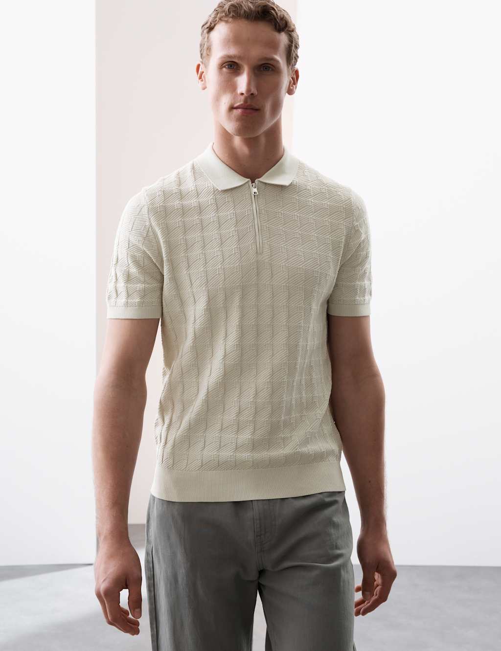 Pure Cotton Textured Knitted Polo Shirt