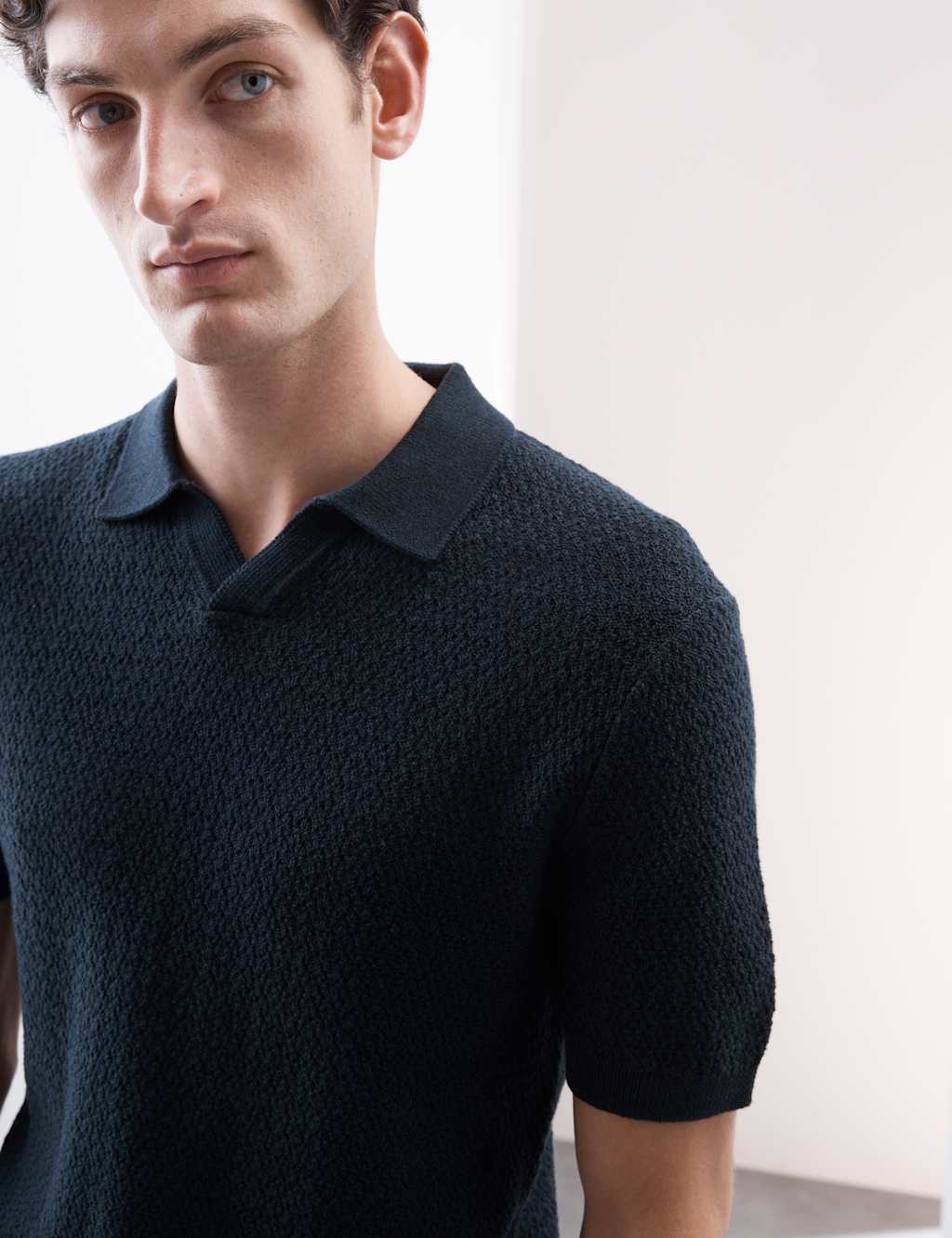 Linen Rich Knitted Open Neck Polo Shirt