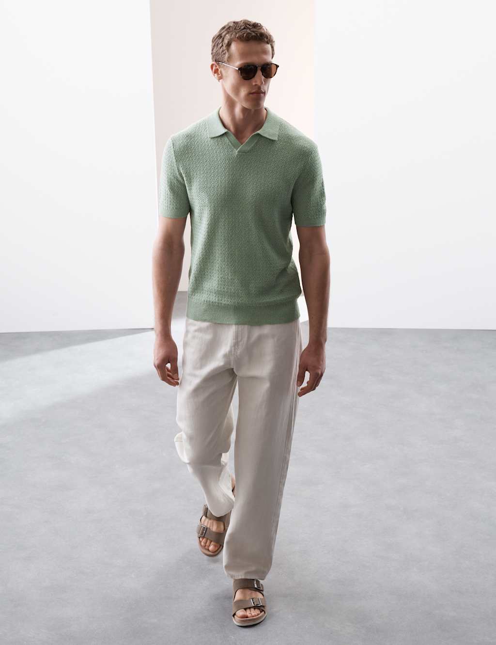Linen Rich Knitted Open Neck Polo Shirt