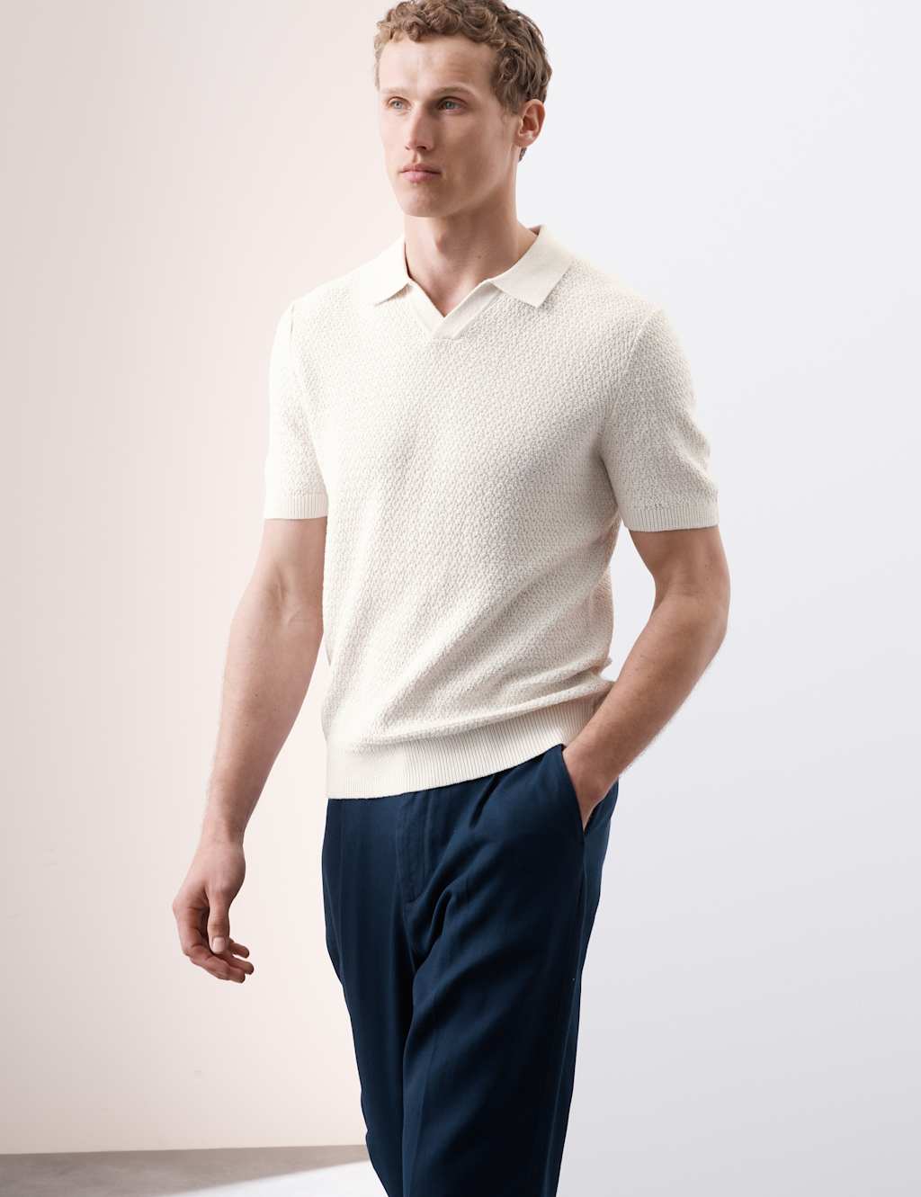 Linen Rich Knitted Open Neck Polo Shirt