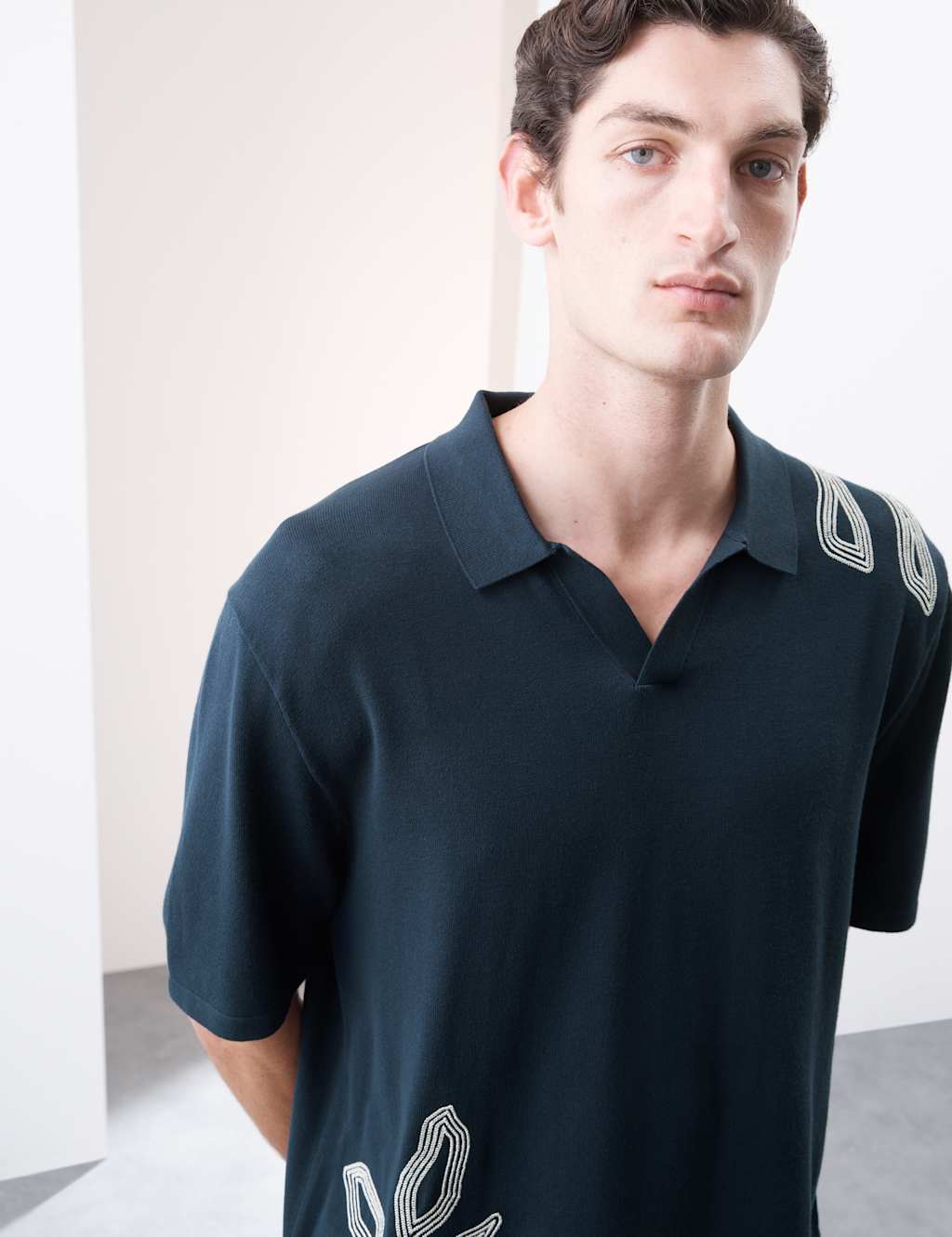 Embroidered Open Neck Knitted Polo Shirt