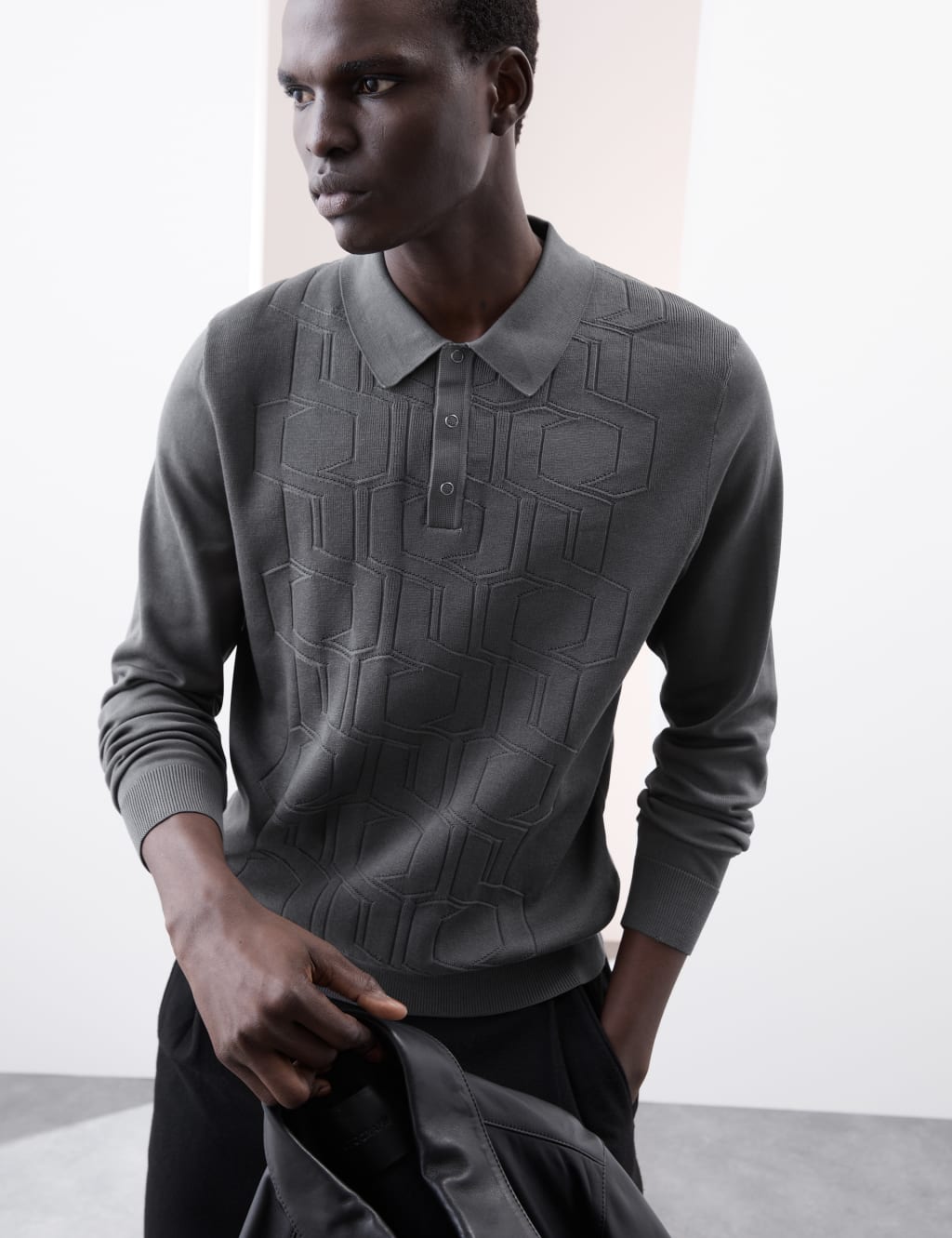 Pure Cotton Geometric Knitted Polo Shirt