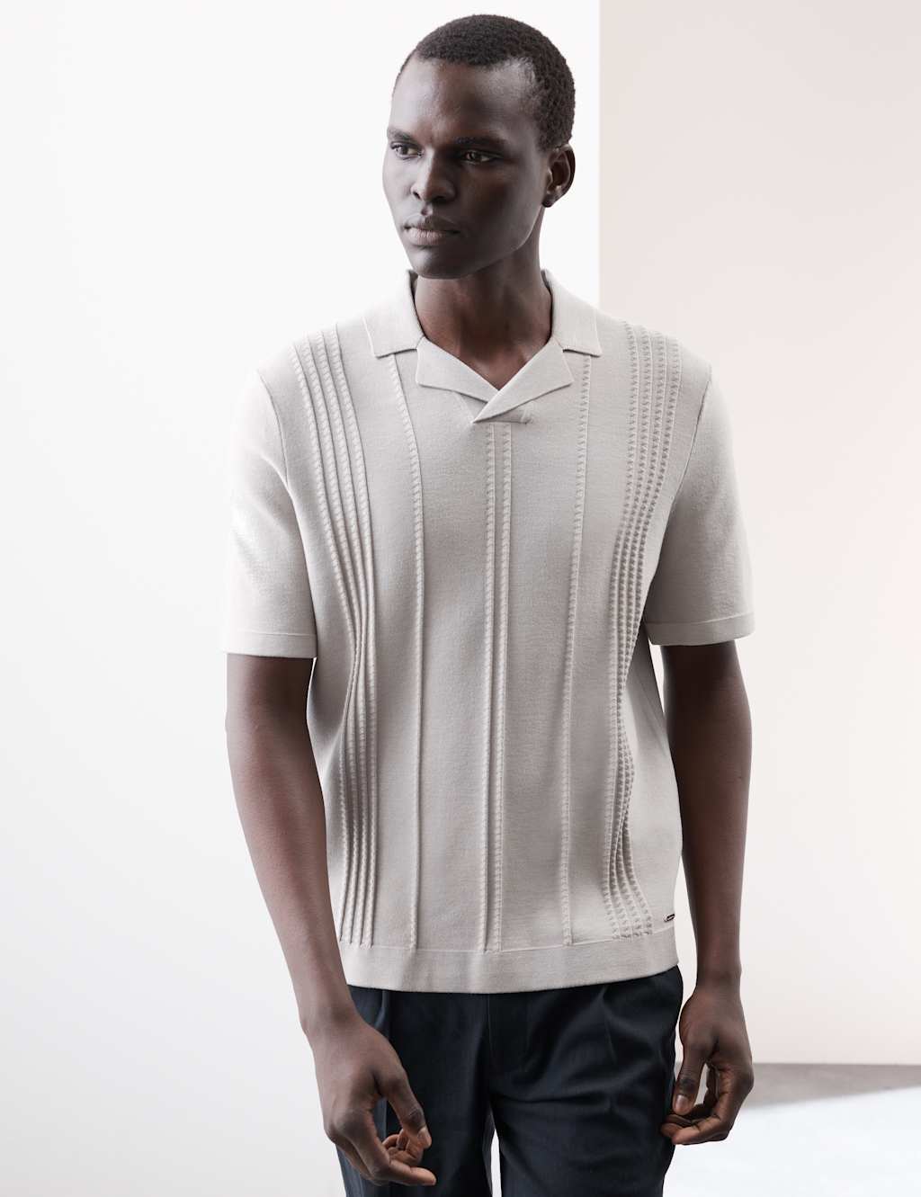 Autograph Pointelle Open Neck Knitted Polo Shirt Light Grey