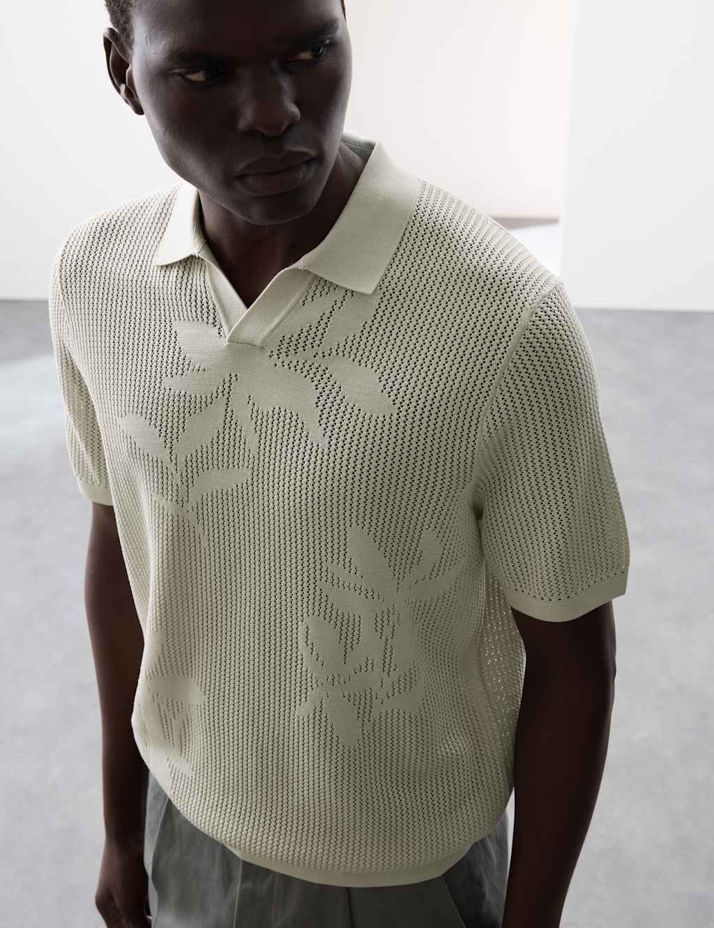 Autograph Men's Open Neck Floral Textured Stitch Polo - LREG - Light Natural, Light Natural
