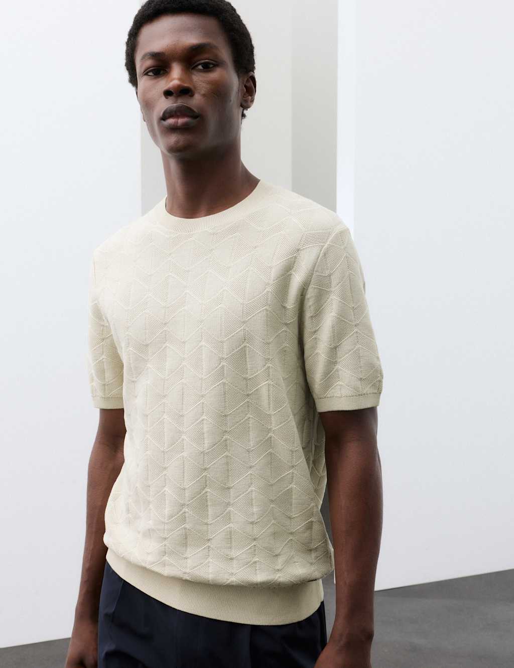 Autograph Men's Mercerised Cotton Geometric Knitted T-shirt - 3XL - Light Natural