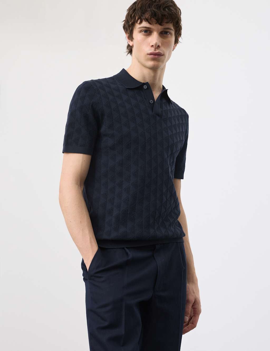 Autograph Men's Mercerised Cotton Knitted Polo Shirt - M - Navy