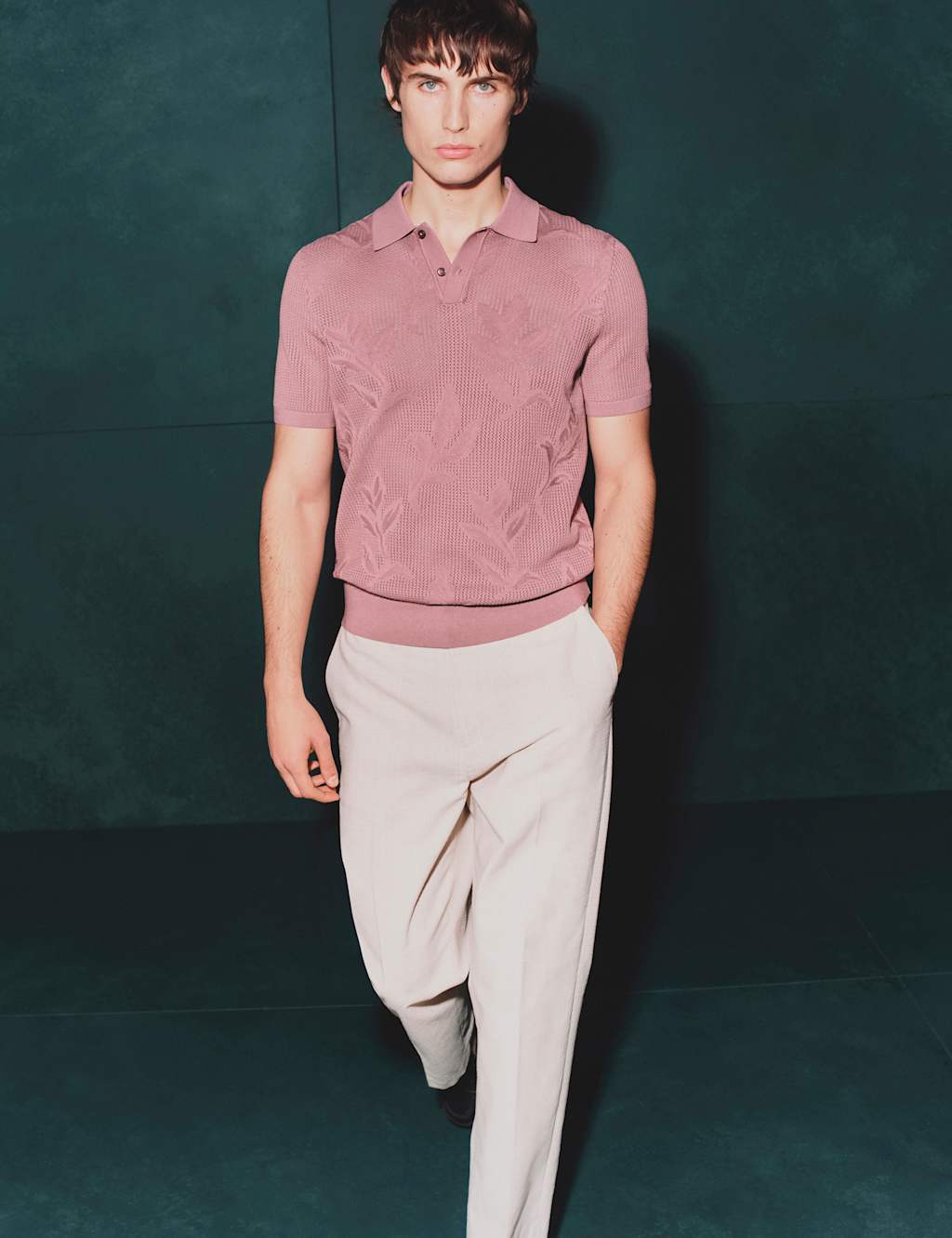 M&S Men's Pure Cotton Floral Pointelle Polo Shirt - 2XL - Dusted Pink