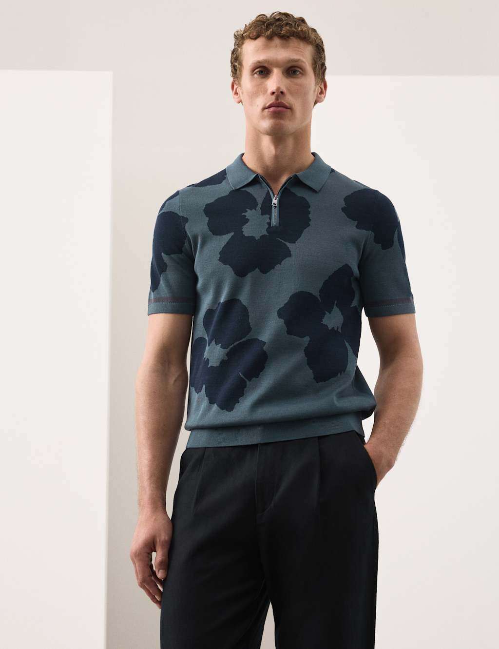 Autograph Men's Mercerised Cotton Half Zip Knitted Polo Shirt - XL - Dark Petrol