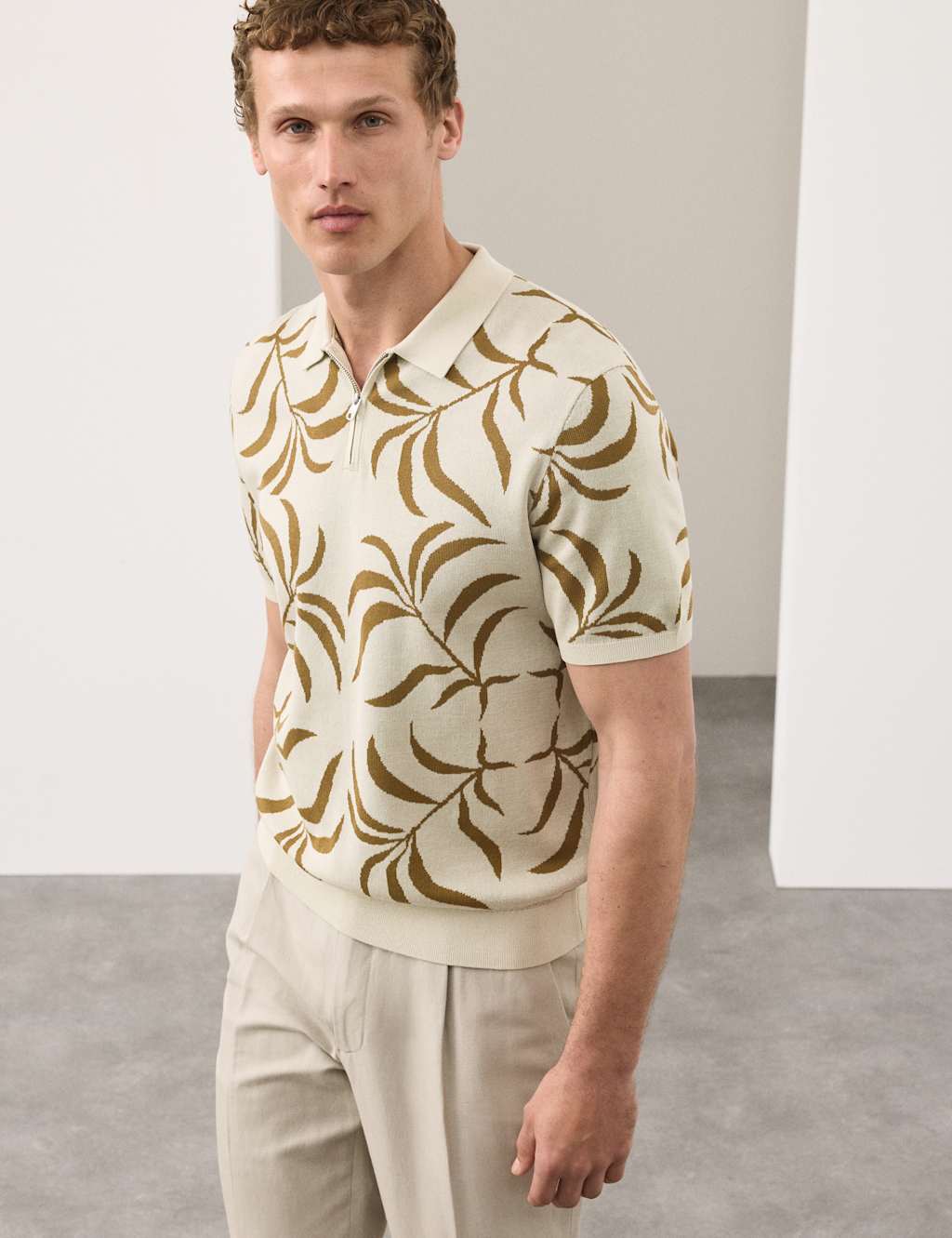 Autograph Men's Mercerised Cotton Half Zip Knitted Polo Shirt - L - Light Natural
