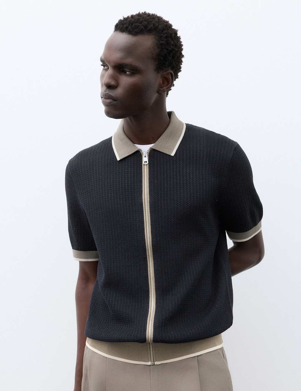 Autograph Men's Pure Cotton Linear Stitch Zip Knitted Polo - L - Dark Navy Mix
