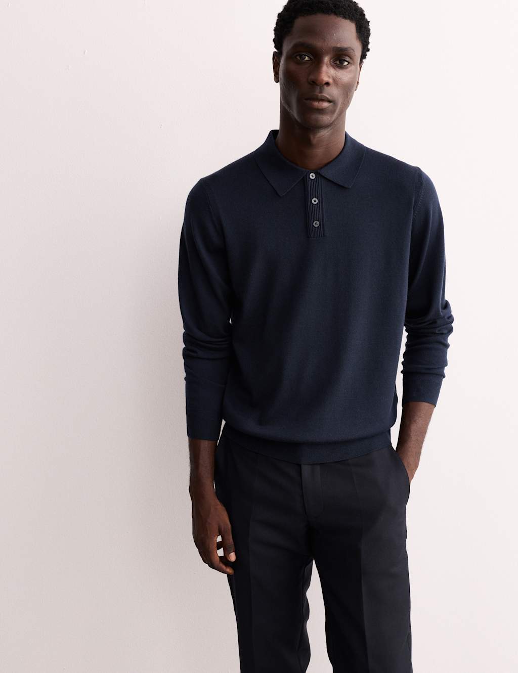 Jaeger Men's Extra Fine Merino Silk Button Polo Shirt - MREG - Navy, Navy,Mink,Black,Ecru,Light Blue