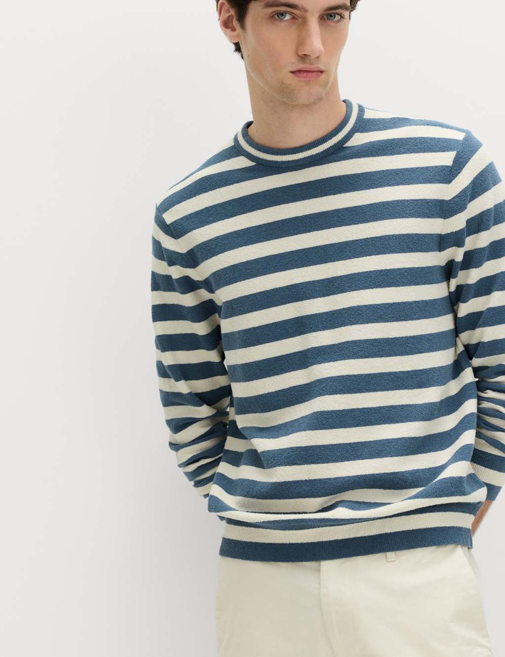 M&S Men's Cotton Rich Boucle Striped Crew Neck Jumper - M - Blue Mix
